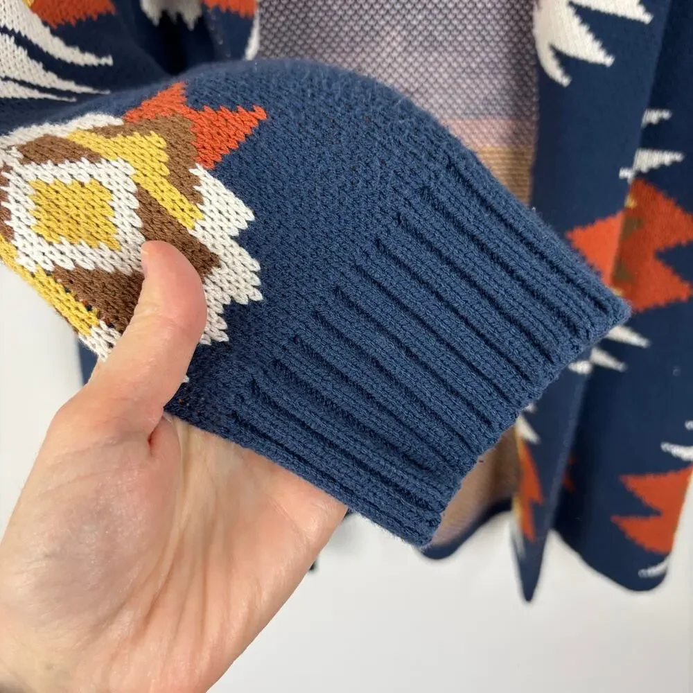 Lucky Brand Southwestern Sweater Coat Medium blue orange pockets
